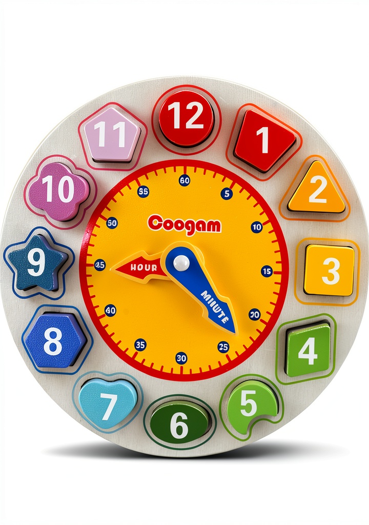Coogam wooden teaching clock displayed on a preschool table with children playing