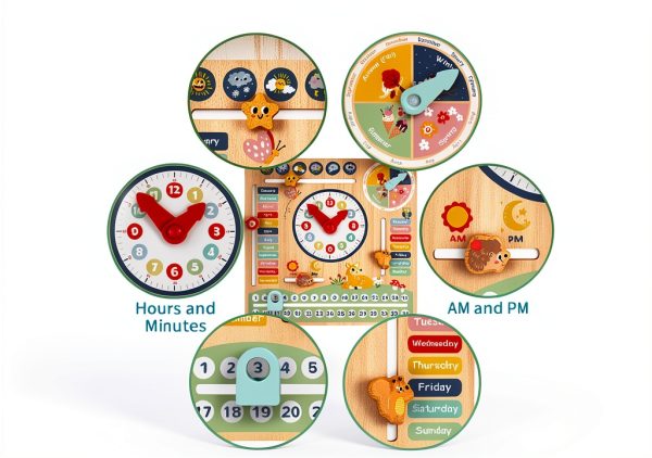 TOOKYTOY Wooden Calendar Clock with Weather Chart for Kids 3-8-1