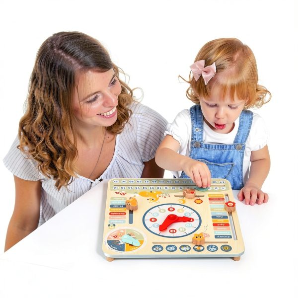 TOOKYTOY Wooden Calendar Clock with Weather Chart for Kids 3-8-2