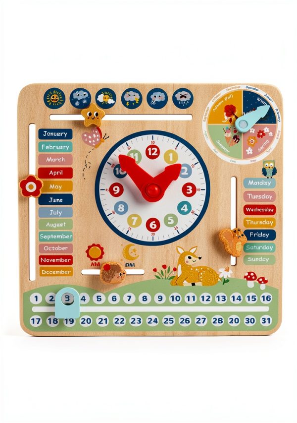 TOOKYTOY Wooden Calendar Clock with Weather Chart for Kids 3-8-0