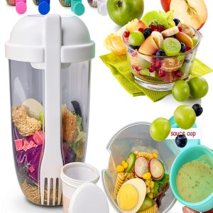 Fresh Salad Meal Shaker Cup Generic 1000ml Fork and Dressing Holder-0