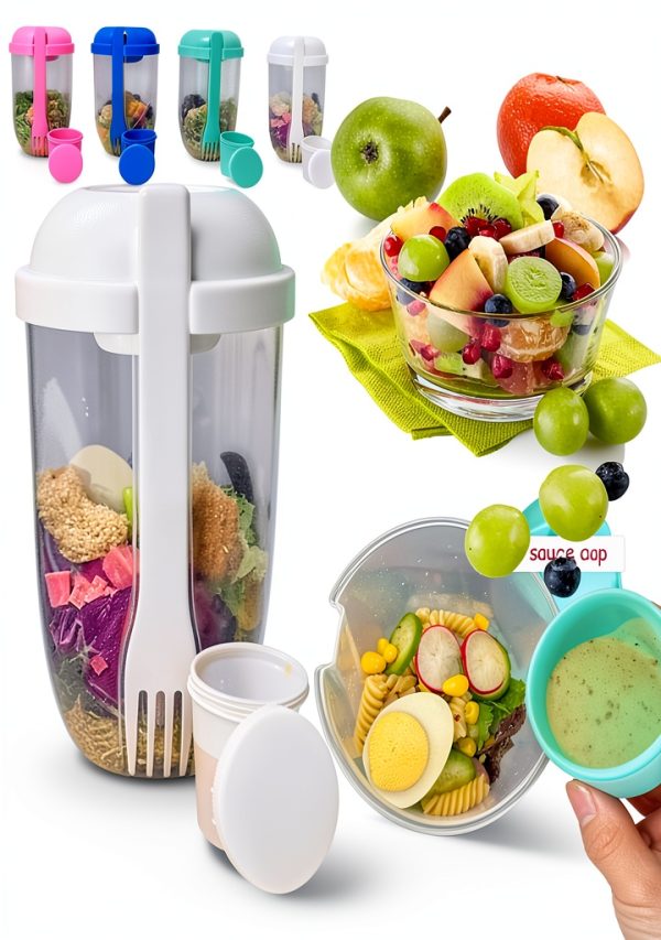 Fresh Salad Meal Shaker Cup Generic 1000ml Fork and Dressing Holder-0