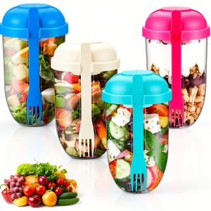 Salad Cup 4-Pc Set by Roshtia with Lids, Fork & Dressing 1000ml-0