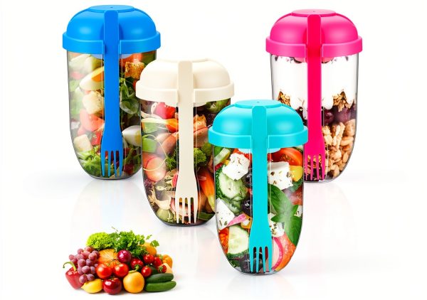Salad Cup 4-Pc Set by Roshtia with Lids, Fork & Dressing 1000ml-0