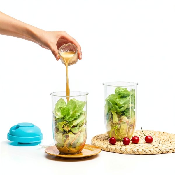 Salad Cup 4-Pc Set by Roshtia with Lids, Fork & Dressing 1000ml-3