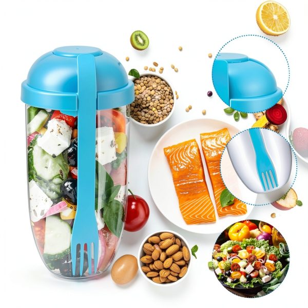 Salad Cup 4-Pc Set by Roshtia with Lids, Fork & Dressing 1000ml-2